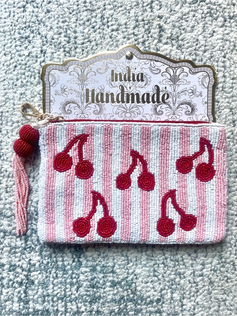 Viral Handmade Pink & White Beaded Cherry Clutch Makeup Travel Bag